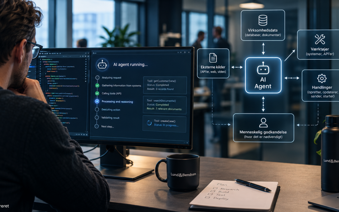 Agentic AI-arkitektur med AI-agent, virksomhedsdata, værktøjer og menneskelig godkendelse